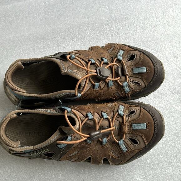 Merrell Vibram Water Shoes 8.5  Women’s Brown Blue Slip On Sandals Hike Camp - Picture 6 of 13